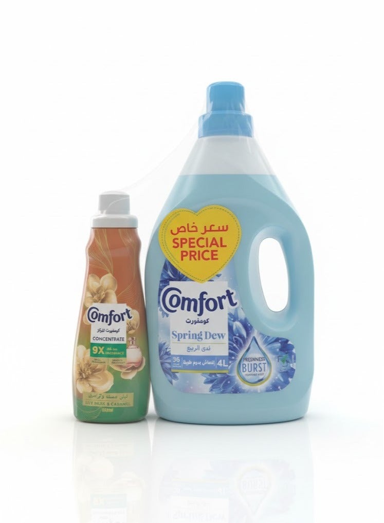 Comfort Concentrated Fabric Softener Spring Dew  Charm For Long Lasting Fragrance And Concentrated Lily Musk & Caramel 4L + 650ml - Image 1